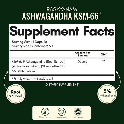 راساينام اشواغاندا KSM-66® 500 ملغ | 5% ويثانوليدات للحصول على أفضل النتائج | مستخلص جذور نقي 100% | دعم الطاقة والتعافي | أقوى اشواغاندا في العالم | 60 كبسولة in Kuwait