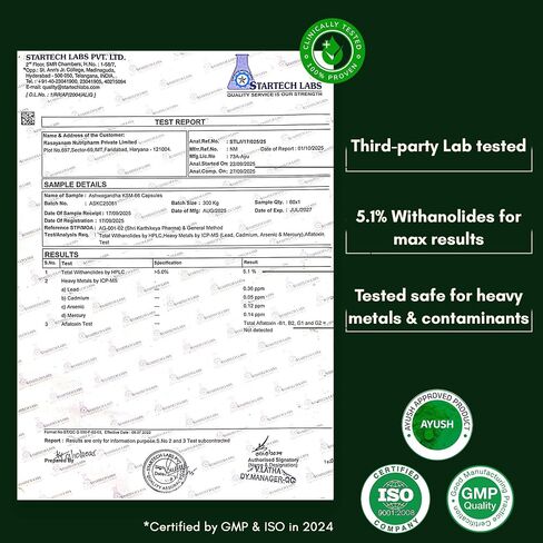 راساينام اشواغاندا KSM-66® 500 ملغ | 5% ويثانوليدات للحصول على أفضل النتائج | مستخلص جذور نقي 100% | دعم الطاقة والتعافي | أقوى اشواغاندا في العالم | 60 كبسولة in Kuwait
