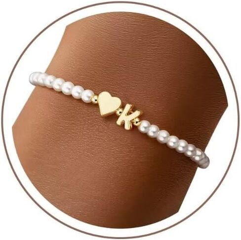 M MOOHAM Pearl Initial Bracelets for Teen Girls - 14k Gold Plated Heart Initial Letter A-Z Pearl bracelets for women Girl kids Teens Gifts, Stretch Letter Charm Bracelets Birthday Gifts for Girls in Kuwait