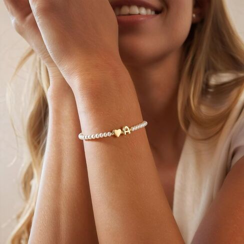 M MOOHAM Pearl Initial Bracelets for Teen Girls - 14k Gold Plated Heart Initial Letter A-Z Pearl bracelets for women Girl kids Teens Gifts, Stretch Letter Charm Bracelets Birthday Gifts for Girls in Kuwait