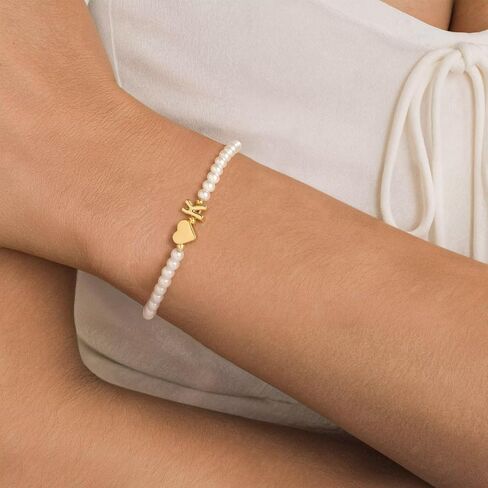 M MOOHAM Pearl Initial Bracelets for Teen Girls - 14k Gold Plated Heart Initial Letter A-Z Pearl bracelets for women Girl kids Teens Gifts, Stretch Letter Charm Bracelets Birthday Gifts for Girls in Kuwait