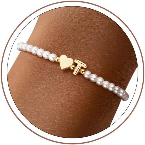 M MOOHAM Pearl Initial Bracelets for Teen Girls - 14k Gold Plated Heart Initial Letter A-Z Pearl bracelets for women Girl kids Teens Gifts, Stretch Letter Charm Bracelets Birthday Gifts for Girls in Kuwait
