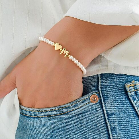 M MOOHAM Pearl Initial Bracelets for Teen Girls - 14k Gold Plated Heart Initial Letter A-Z Pearl bracelets for women Girl kids Teens Gifts, Stretch Letter Charm Bracelets Birthday Gifts for Girls in Kuwait