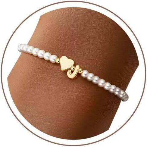 M MOOHAM Pearl Initial Bracelets for Teen Girls - 14k Gold Plated Heart Initial Letter A-Z Pearl bracelets for women Girl kids Teens Gifts, Stretch Letter Charm Bracelets Birthday Gifts for Girls in Kuwait