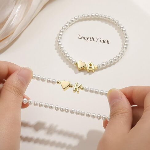 M MOOHAM Pearl Initial Bracelets for Teen Girls - 14k Gold Plated Heart Initial Letter A-Z Pearl bracelets for women Girl kids Teens Gifts, Stretch Letter Charm Bracelets Birthday Gifts for Girls in Kuwait