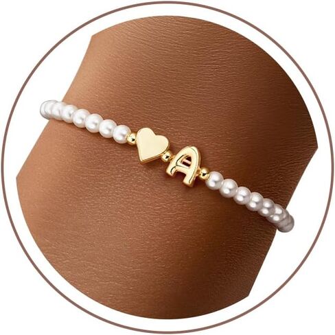 M MOOHAM Pearl Initial Bracelets for Teen Girls - 14k Gold Plated Heart Initial Letter A-Z Pearl bracelets for women Girl kids Teens Gifts, Stretch Letter Charm Bracelets Birthday Gifts for Girls in Kuwait