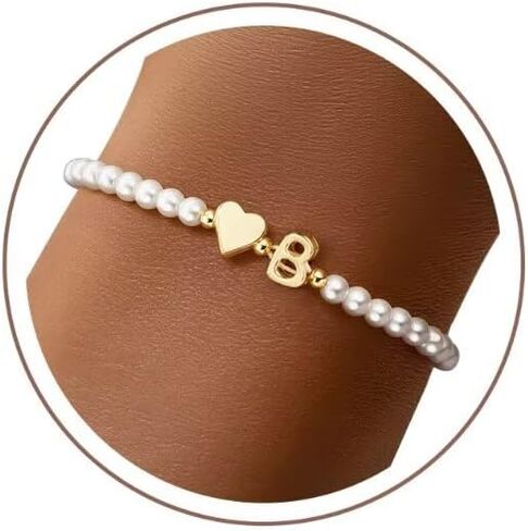 M MOOHAM Pearl Initial Bracelets for Teen Girls - 14k Gold Plated Heart Initial Letter A-Z Pearl bracelets for women Girl kids Teens Gifts, Stretch Letter Charm Bracelets Birthday Gifts for Girls in Kuwait