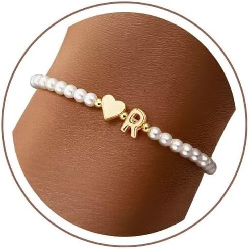 M MOOHAM Pearl Initial Bracelets for Teen Girls - 14k Gold Plated Heart Initial Letter A-Z Pearl bracelets for women Girl kids Teens Gifts, Stretch Letter Charm Bracelets Birthday Gifts for Girls in Kuwait