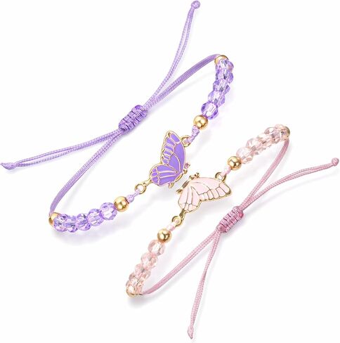 2 Pcs Best Friend Bracelets, Butterfly Friendship Bracelets with Charm Beads, Adjustable Matching Jewelry Gifts for Women Couples (White Purple Pink Gold, 4.72 In)(1) (2) in Saudi Arabia