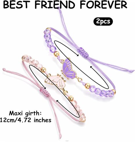 2 Pcs Best Friend Bracelets, Butterfly Friendship Bracelets with Charm Beads, Adjustable Matching Jewelry Gifts for Women Couples (White Purple Pink Gold, 4.72 In)(1) (2) in Saudi Arabia