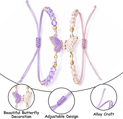 2 Pcs Best Friend Bracelets, Butterfly Friendship Bracelets with Charm Beads, Adjustable Matching Jewelry Gifts for Women Couples (White Purple Pink Gold, 4.72 In)(1) (2) in Saudi Arabia