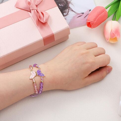 2 Pcs Best Friend Bracelets, Butterfly Friendship Bracelets with Charm Beads, Adjustable Matching Jewelry Gifts for Women Couples (White Purple Pink Gold, 4.72 In)(1) (2) in Saudi Arabia
