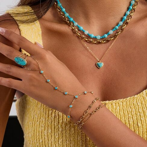 Turquoise Hand Chain Bracelet for Women Slave Cuff Hand Bracelet with Finger Ring Charm Gold-Tone Hand Chain Trendy Ring Adjustable Stainless Steel Waterproof Jewelry for Bride Wedding Party Accessories in Kuwait