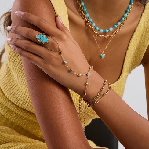 Turquoise Hand Chain Bracelet for Women Slave Cuff Hand Bracelet with Finger Ring Charm Gold-Tone Hand Chain Trendy Ring Adjustable Stainless Steel Waterproof Jewelry for Bride Wedding Party Accessories in Kuwait