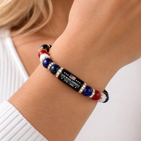 250th Anniversary USA Bracelet Set, Patriotic Black Bead Bracelets with American Flag Pendant, Adjustable Independence Day Jewelry Gift for Men Women in Kuwait