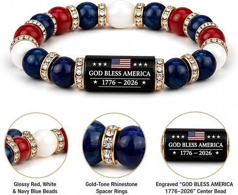 250th Anniversary USA Bracelet Set, Patriotic Black Bead Bracelets with American Flag Pendant, Adjustable Independence Day Jewelry Gift for Men Women in Kuwait