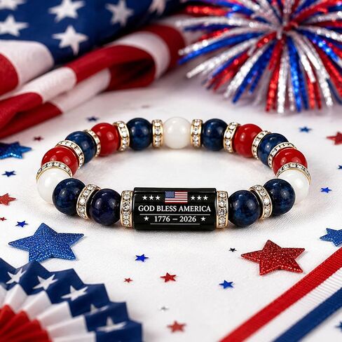 250th Anniversary USA Bracelet Set, Patriotic Black Bead Bracelets with American Flag Pendant, Adjustable Independence Day Jewelry Gift for Men Women in Kuwait