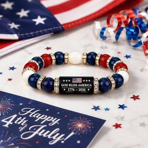250th Anniversary USA Bracelet Set, Patriotic Black Bead Bracelets with American Flag Pendant, Adjustable Independence Day Jewelry Gift for Men Women in Kuwait