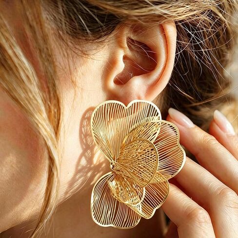 Gold Flower Earrings for Women Trendy, Hypoallergenic Chunky Gold Drop Dangle Statement Earrings for Women Party Wedding Birthday Gifts in Kuwait
