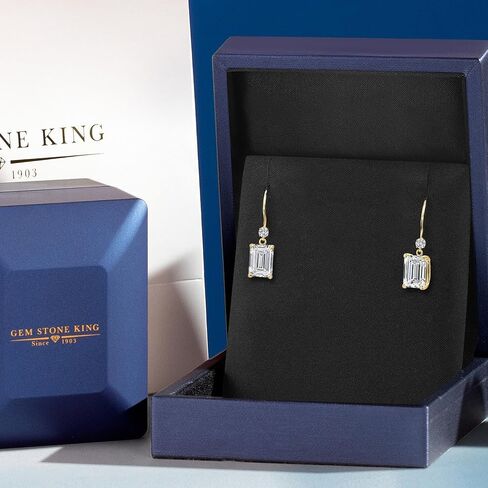 Gem Stone King 1.54 to 6.14 Cttw Lab Grown Diamond Dangle Earrings for Women | 14K Yellow Gold | IGI Certified | Center Emerald Cut Diamond | D-E Color | VS1-VS2 Clarity in Kuwait
