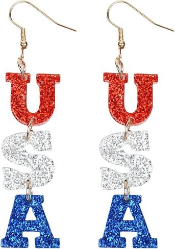 Red White Blue Stripe American Flag Dangle Earrings for Women,Acrylic Star Heart Drop USA Patriotic Earrings,4th of July Ndependence Day Patriotic Earrings,American Independence Day Outfit in Saudi Arabia
