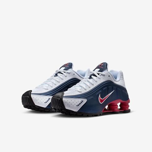 Nike Shox R4 Big Kids' Shoes (Midnight Navy/White/Metallic Silver/Gym Red) in Kuwait
