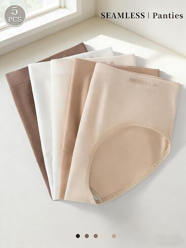 5pcs Women's Underwear Seamless Panties Mid Waist Briefs, Soft Cotton Maillard Color Underwear, High Elasticity Tone Panties in Kuwait