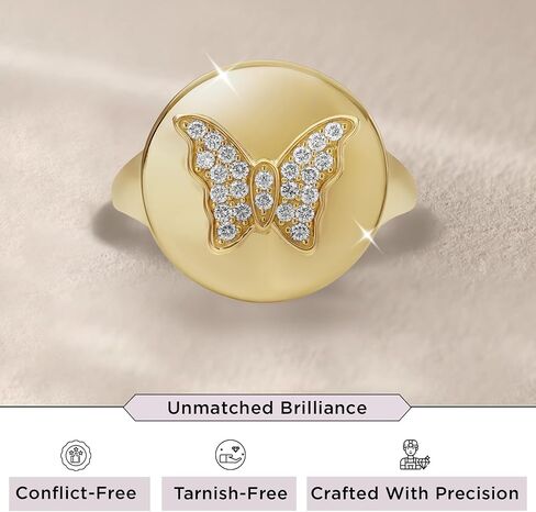 Jewelili Butterfly Wedding Band Stackable Promise Ring for Womens in Yellow Gold over 925 Sterling Silver with 1/4 Cttw Round Lab Grown Diamond in Kuwait