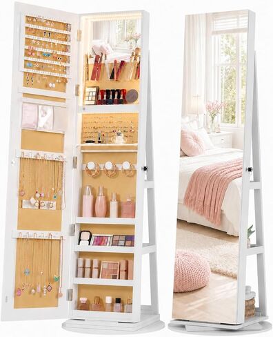 Vlskra Jewelry Cabinet with LED lights, Lockable Mirror Jewelry Cabinet Standing, Rotatable Full Length Mirror with Storage, Space-Saving Jewelry Armoire Organizer, Foldable Makeup Shelf, Black in Kuwait
