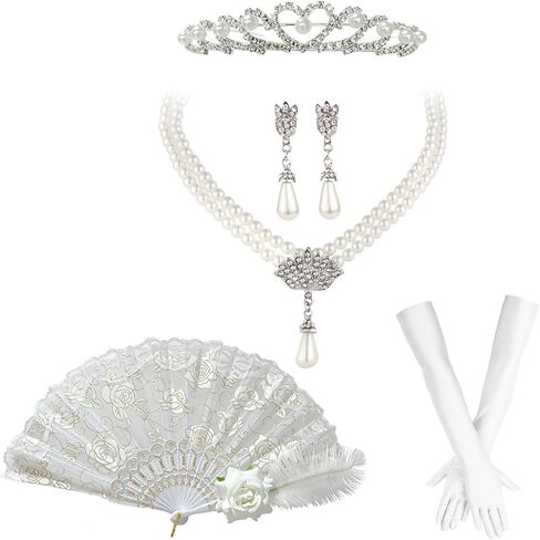 Vibsion Regency 5-Piece Accessories Set for Women – Tiara, Pearl Necklace & Earrings, Satin Gloves & Lace Fan in Saudi Arabia