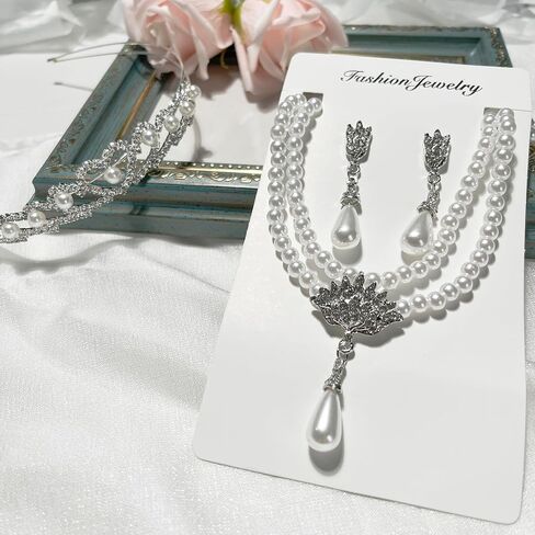 Vibsion Regency 5-Piece Accessories Set for Women – Tiara, Pearl Necklace & Earrings, Satin Gloves & Lace Fan in Saudi Arabia