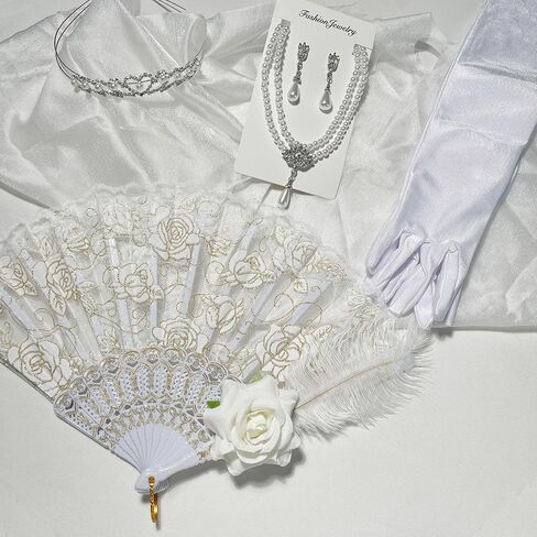 Vibsion Regency 5-Piece Accessories Set for Women – Tiara, Pearl Necklace & Earrings, Satin Gloves & Lace Fan in Saudi Arabia