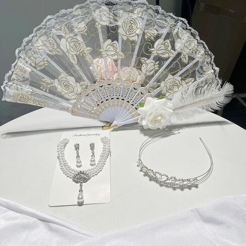 Vibsion Regency 5-Piece Accessories Set for Women – Tiara, Pearl Necklace & Earrings, Satin Gloves & Lace Fan in Saudi Arabia