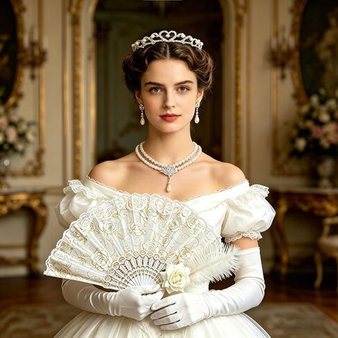 Vibsion Regency 5-Piece Accessories Set for Women – Tiara, Pearl Necklace & Earrings, Satin Gloves & Lace Fan in Saudi Arabia