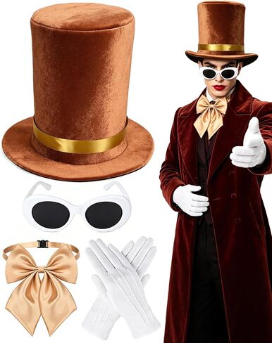 Brown Top Hat, Halloween Costume Include Velvet Top Hat,Sunglasses,Bowtie and Gloves for Men Women Party Costume in Saudi Arabia