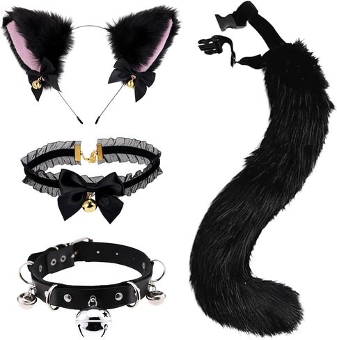 4 Pcs Cat Ears and Wolf Fox Animal Tail Cosplay Costume, Faux Fur Hair Clip Headdress Halloween Leather Neck Chocker Set Black Cat Ears and Wolf Fox Animal Tail Cosplay Girls Women in Kuwait