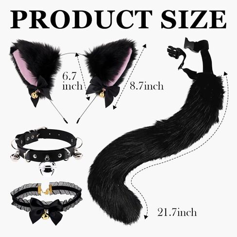 4 Pcs Cat Ears and Wolf Fox Animal Tail Cosplay Costume, Faux Fur Hair Clip Headdress Halloween Leather Neck Chocker Set Black Cat Ears and Wolf Fox Animal Tail Cosplay Girls Women in Kuwait