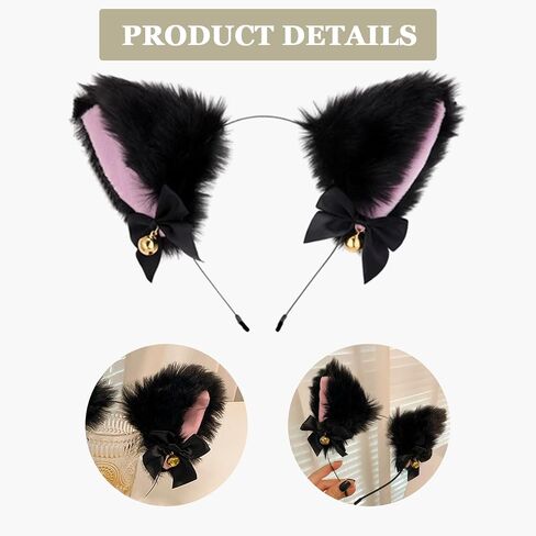 4 Pcs Cat Ears and Wolf Fox Animal Tail Cosplay Costume, Faux Fur Hair Clip Headdress Halloween Leather Neck Chocker Set Black Cat Ears and Wolf Fox Animal Tail Cosplay Girls Women in Kuwait
