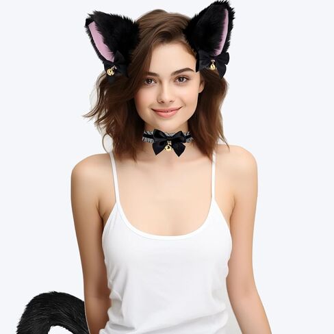 4 Pcs Cat Ears and Wolf Fox Animal Tail Cosplay Costume, Faux Fur Hair Clip Headdress Halloween Leather Neck Chocker Set Black Cat Ears and Wolf Fox Animal Tail Cosplay Girls Women in Kuwait