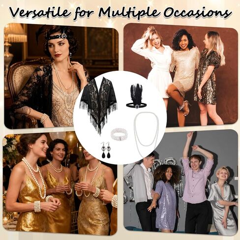 5PCS 1920s Flapper Accessories Set for Women, Roaring 20s Costumes Set for Women, Includes Feather Headband, Pearl Necklace and Bracelet, Earrings, Lace Shawl to Party, Cosplay & Dinner Event in Saudi Arabia