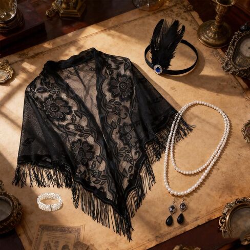 5PCS 1920s Flapper Accessories Set for Women, Roaring 20s Costumes Set for Women, Includes Feather Headband, Pearl Necklace and Bracelet, Earrings, Lace Shawl to Party, Cosplay & Dinner Event in Saudi Arabia