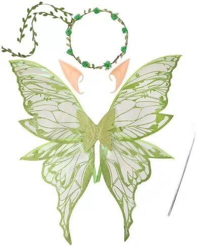 Fairy Wings Adult Women，Fairy Costume Set with Elf Ears & Flower Arm Wrap & Wands for Party、Cosplay、Halloween（4 Pcs） Green in Kuwait