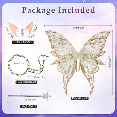 Fairy Wings Adult Women，Fairy Costume Set with Elf Ears & Flower Arm Wrap & Wands for Party、Cosplay、Halloween（4 Pcs） Green in Kuwait