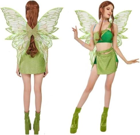 Fairy Wings Adult Women，Fairy Costume Set with Elf Ears & Flower Arm Wrap & Wands for Party、Cosplay、Halloween（4 Pcs） Green in Kuwait
