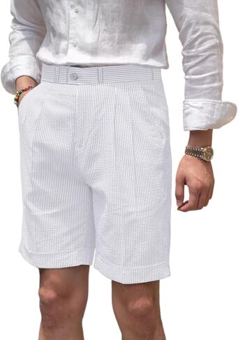 Classic Mens Summer Seersucker Shorts Striped Slim Fit Flat Front Walk Short Pants Flat Front Shorts in Kuwait