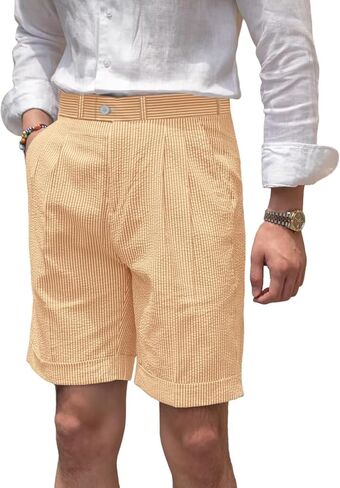 Classic Mens Summer Seersucker Shorts Striped Slim Fit Flat Front Walk Short Pants Flat Front Shorts in Kuwait