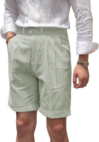 Classic Mens Summer Seersucker Shorts Striped Slim Fit Flat Front Walk Short Pants Flat Front Shorts in Kuwait