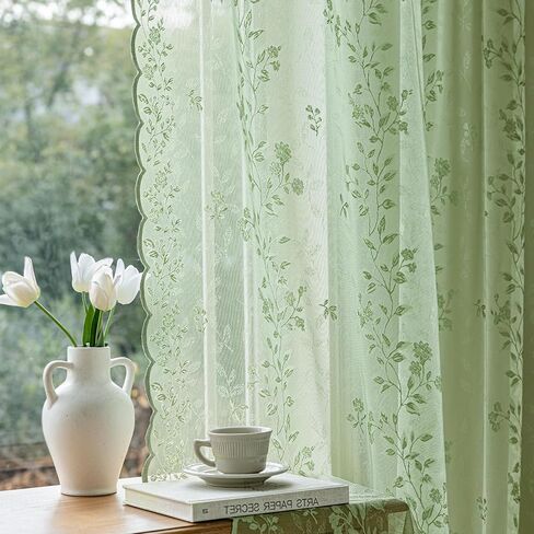 Sage Green Lace Curtains 84 Inches Long Victorian Floral Semi Sheer Curtains for Living Room Bedroom Decor Drapes Rod Pocket Light Filtering Vintage Window Curtains 2 Panels Set for Dining Room, 55x84 in Saudi Arabia