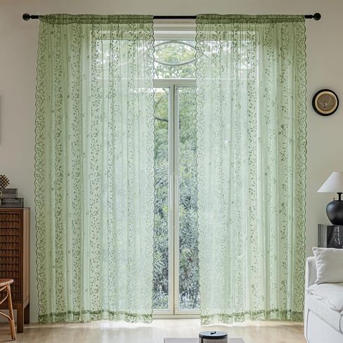 Sage Green Lace Curtains 84 Inches Long Victorian Floral Semi Sheer Curtains for Living Room Bedroom Decor Drapes Rod Pocket Light Filtering Vintage Window Curtains 2 Panels Set for Dining Room, 55x84 in Saudi Arabia