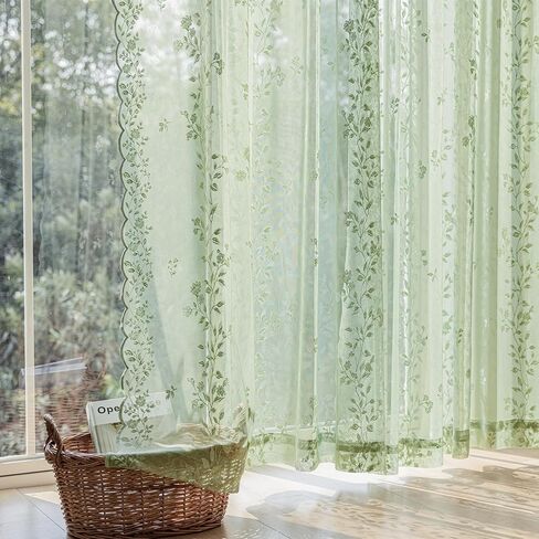 Sage Green Lace Curtains 84 Inches Long Victorian Floral Semi Sheer Curtains for Living Room Bedroom Decor Drapes Rod Pocket Light Filtering Vintage Window Curtains 2 Panels Set for Dining Room, 55x84 in Saudi Arabia